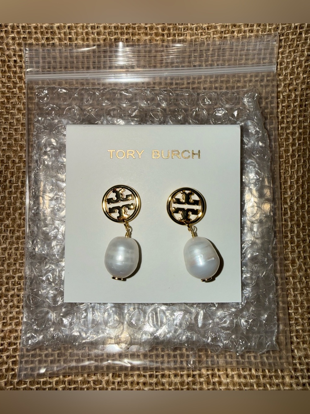 NWT TORY BURCH Gold Pearl Drop Logo Earrings.